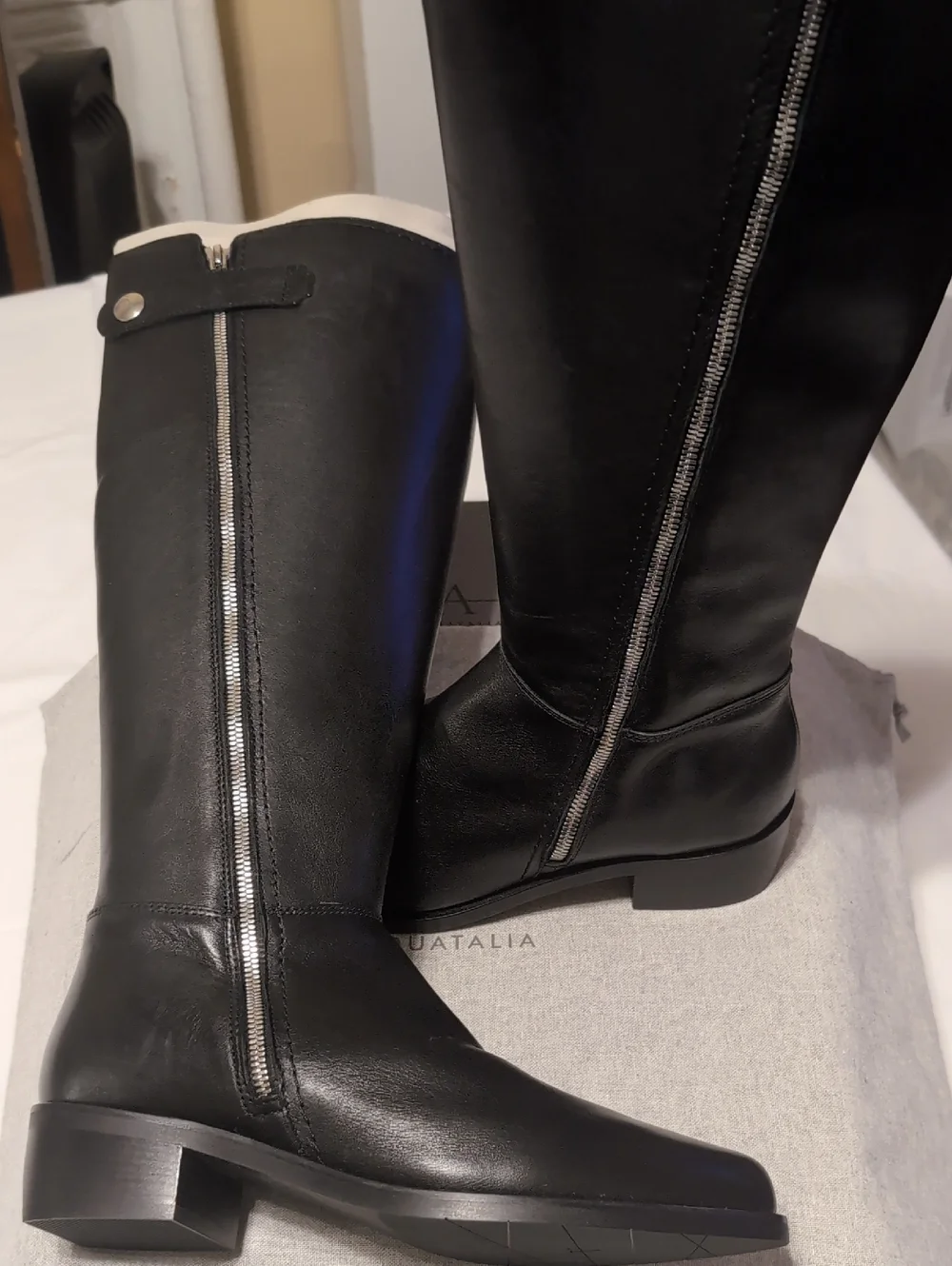Aquatalia Black Leather Over-the-Knee Boots with Silver Side Zip